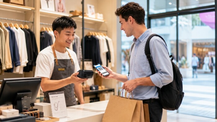 外国顾客购物,店员手拿pos机收款 外国顾客购物,店员手拿pos机收款