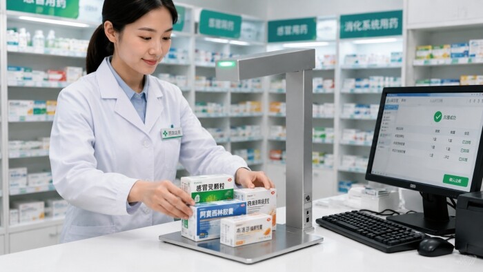 药店店员使用天波药品追溯码终端扫描药盒